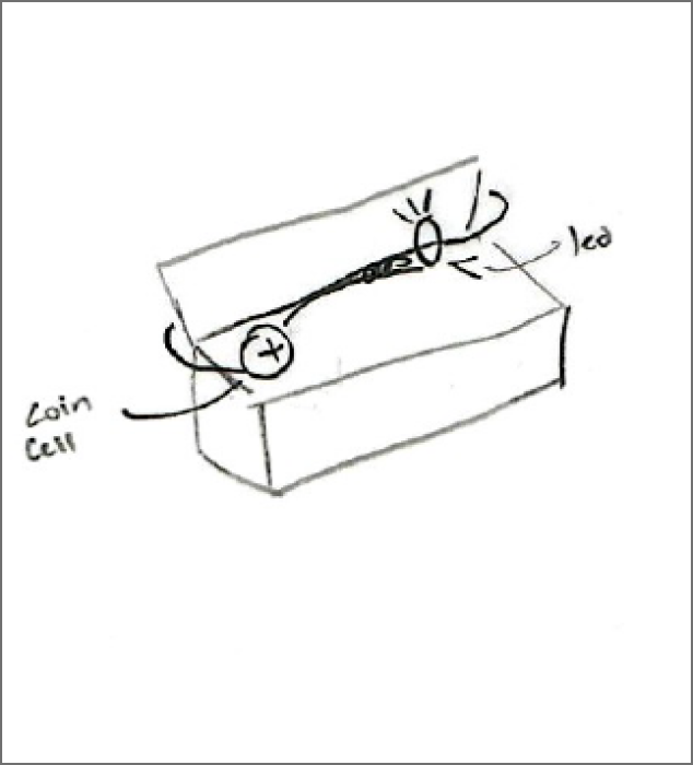 a sketch of the glasses case of where the placement of the light and battery would be placed
