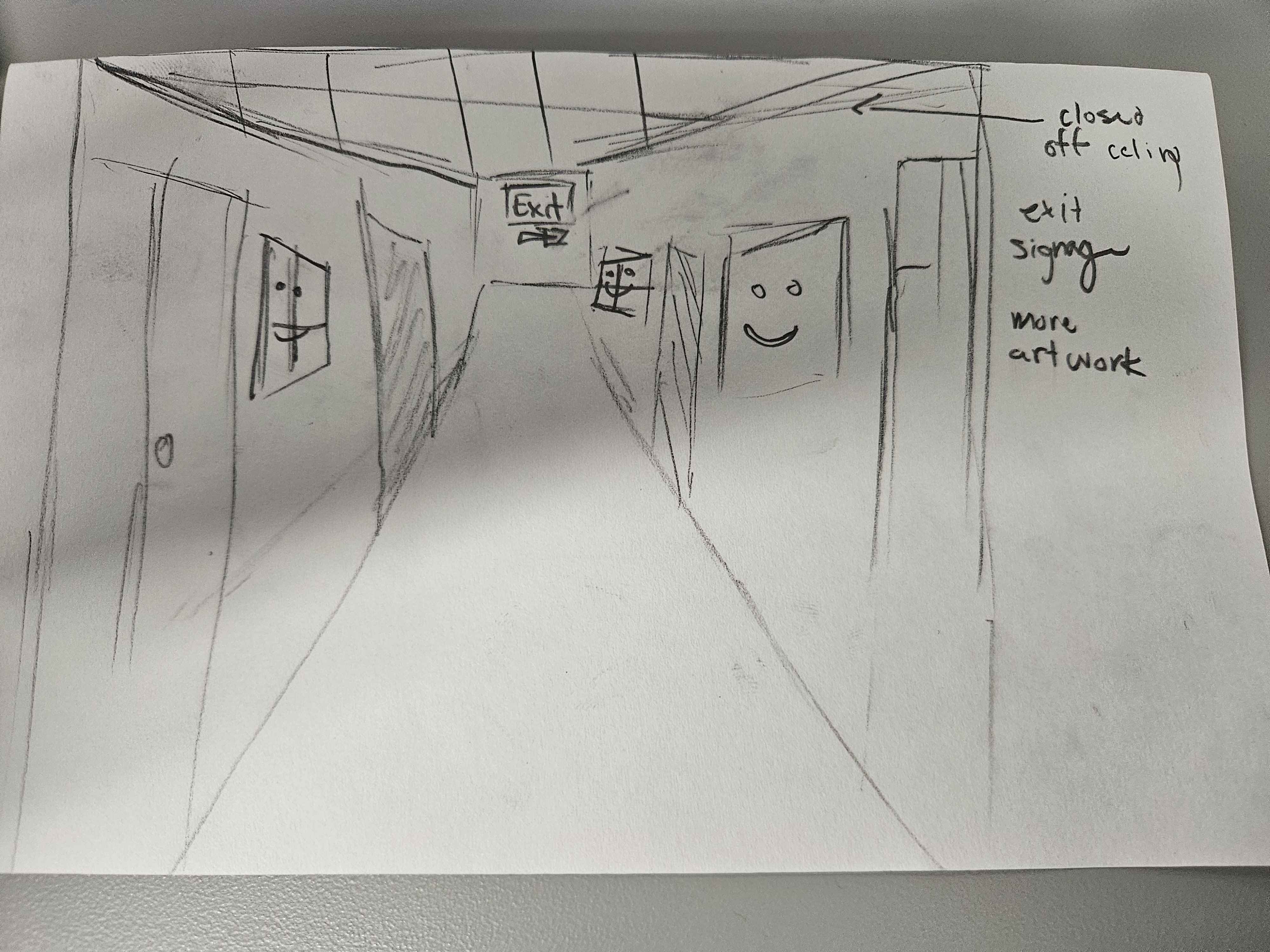 this is a final design of the image. We implemented more student friendly doors, added clocks and windows to create an atmosphere  that people can walk freely in the basement ground. Not only does this improve life of quality of the hallway in the basement, this also helps students to understand that this isn't a restricted area to improve quality of life to classrooms that would feel stuffed off in the basement. Covering the industrial pipes and vents, and adding lights creates a very bright hallway that student would be able to walk through.
